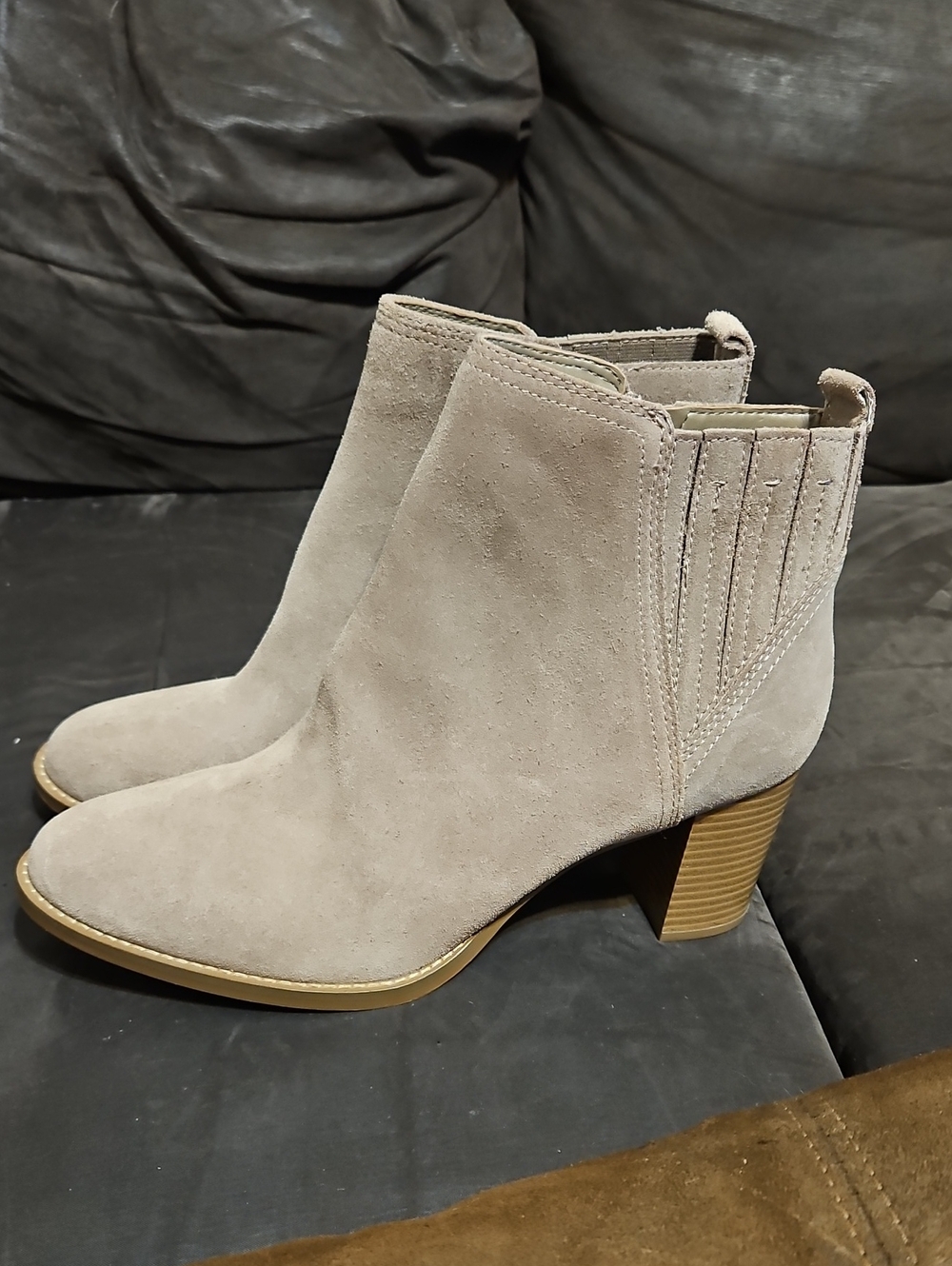 GAP Taupe Suede Ankle Booties with Stacked Heel